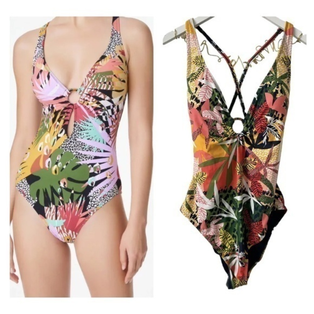 Bleu Rod Beattie Let’s Get Loud Plunge One Piece Swimsuit Hawaiian Tropical M-L